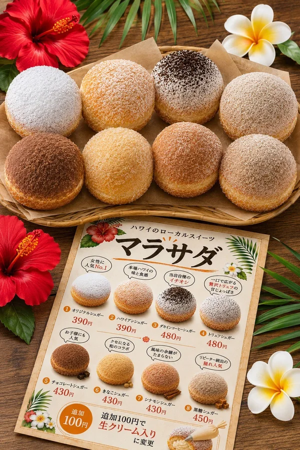 トレーに並んだ8種類のマラサダとメニュー表